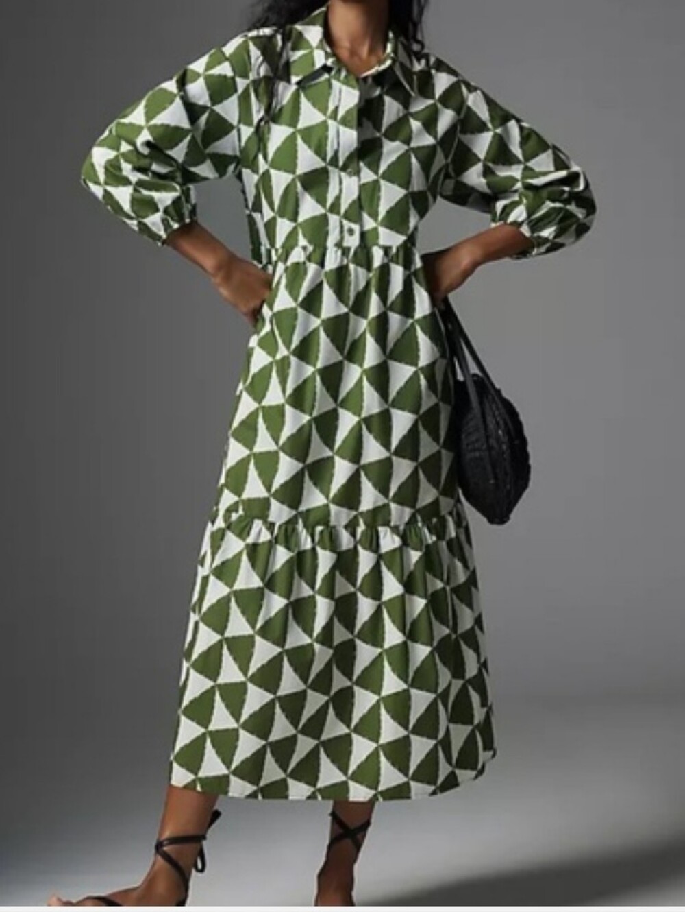 Maeve The Bettina Olive Green & White Geometric Midi Shirt Dress Size 1X Used